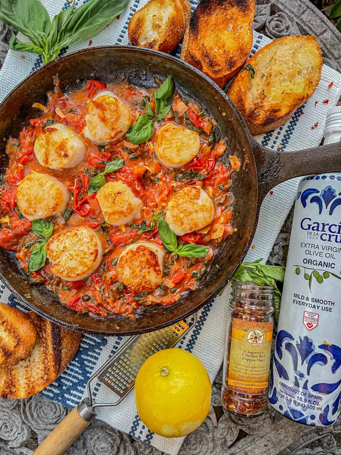 Scallops with Jammy Tomato Caper Sauce Beach Girl Grills